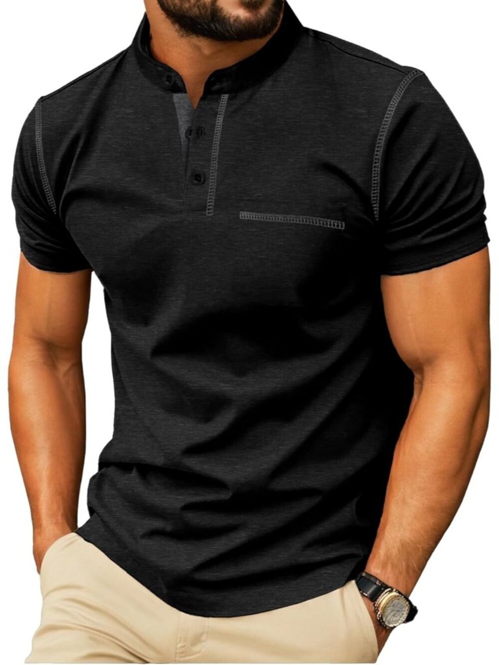 Men's Black Short Sleeve Summer Casual Classic Cotton Henley Neck T Shirts